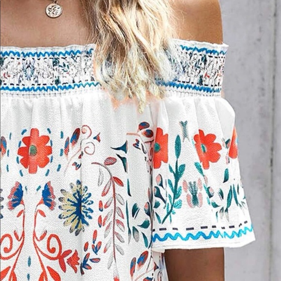 Boho floral print off shoulder blouse White - Picture 4 of 9